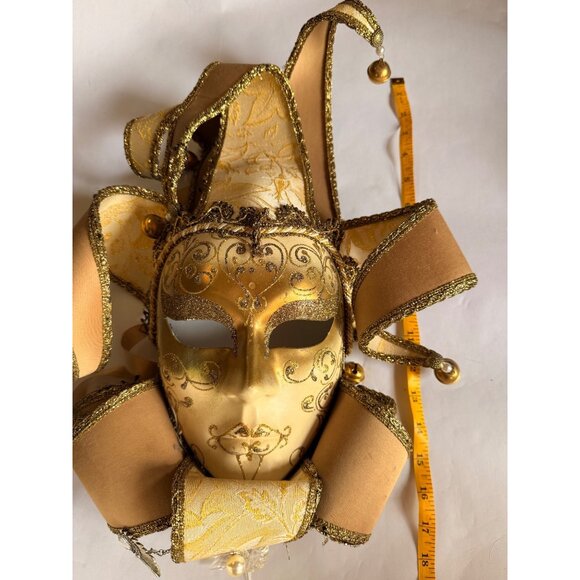 Handcrafted Venetian Jester Masquerade Mask With Gold Glitter Detailing & Ribbon - Picture 6 of 12